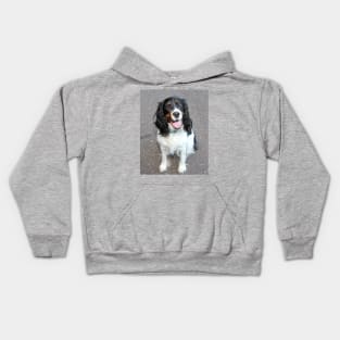 english springer spaniel black white tan sitting Kids Hoodie